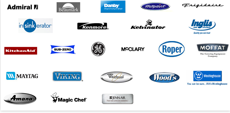 Logos of Appliancee Manufacturer Brands That Appliance America Can Service and Repair Like - GE, Whirpool, Sears, Jenn Air,  Sub Zero, Frigidare, and Maytag